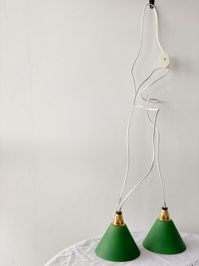 Set of 2 small Vintage 70s countryside style Opaline green glass pendant lamps