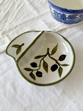 Vintage glazed ceramic divided serving plate for olives / 18,5 cm
