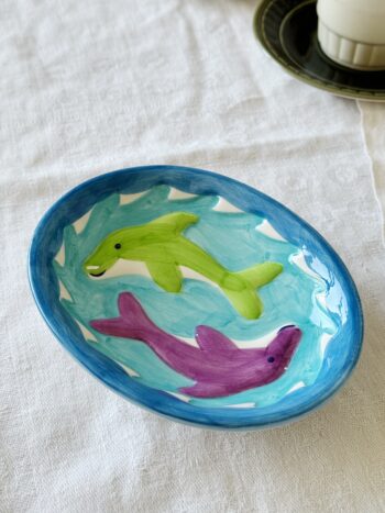 Majolica handpainted soap dish with Dolphins