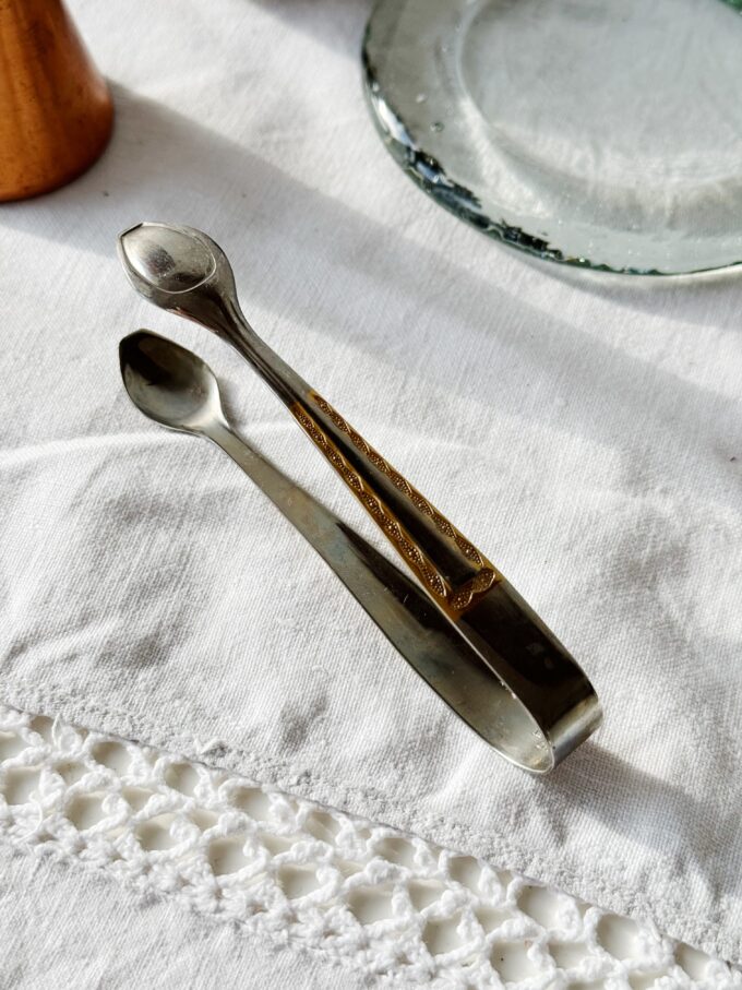 Vintage Stainless steel gold pleated 23/24 karat sugar tongs
