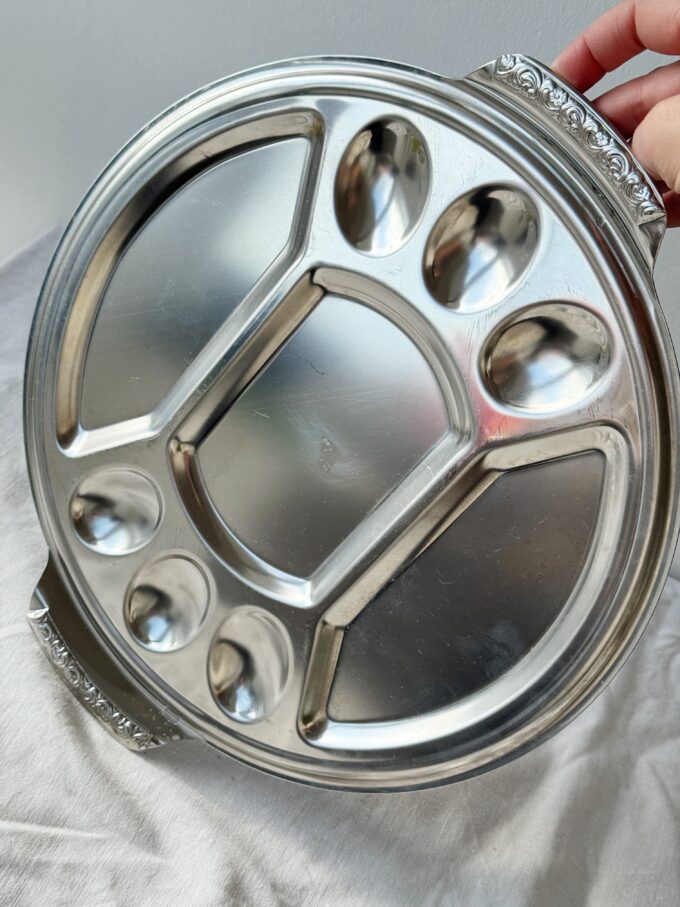 Large Vintage mid century 70s stainless steel metal egg serving platter tray